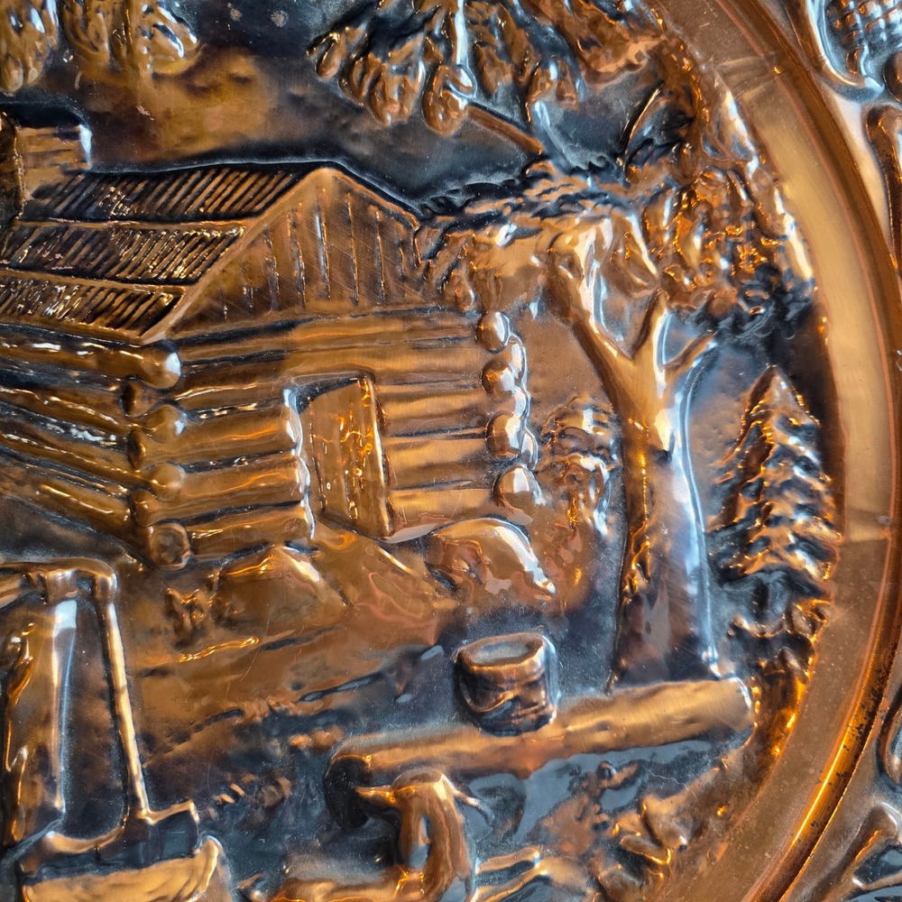 Vintage Embossed Copper Plate 'Settlers Scene' Log Cabin Oak Leaf Border 19.5" - Picture 5 of 11